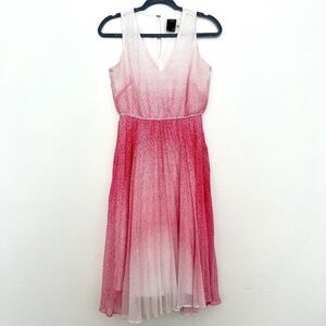 Taylor pink and white dot gradient v-neck chiffon pleated midi dress size 2
